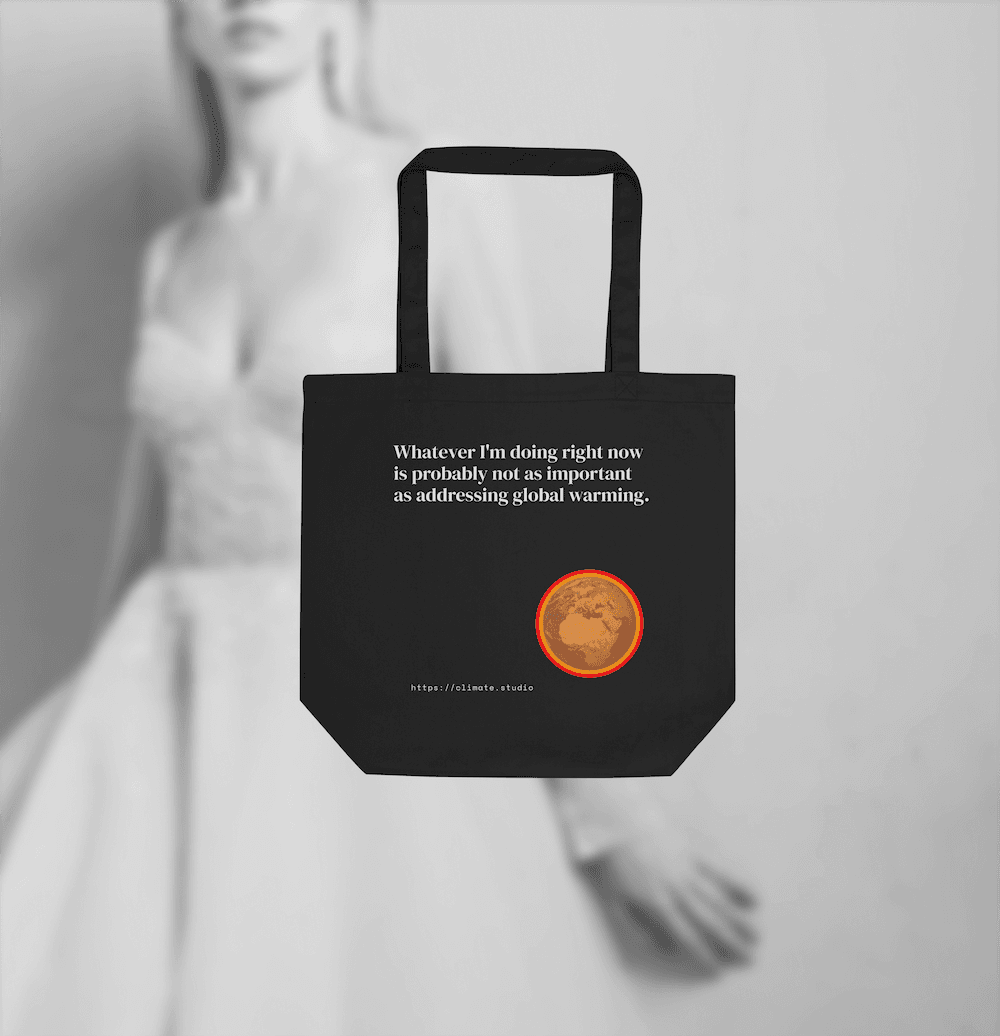 Black tote bag with climate message against fashion background