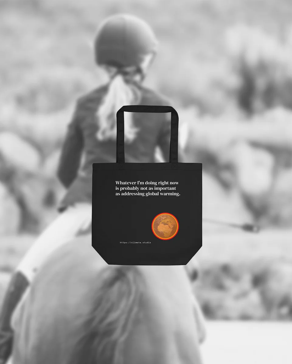 Black tote bag with climate message against polo background