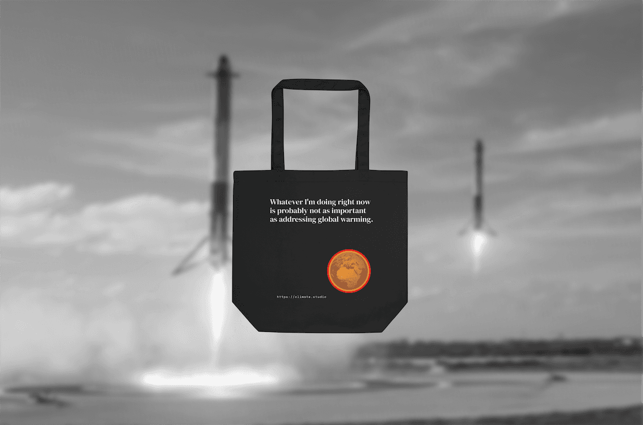 Black tote bag with climate message against rockets background