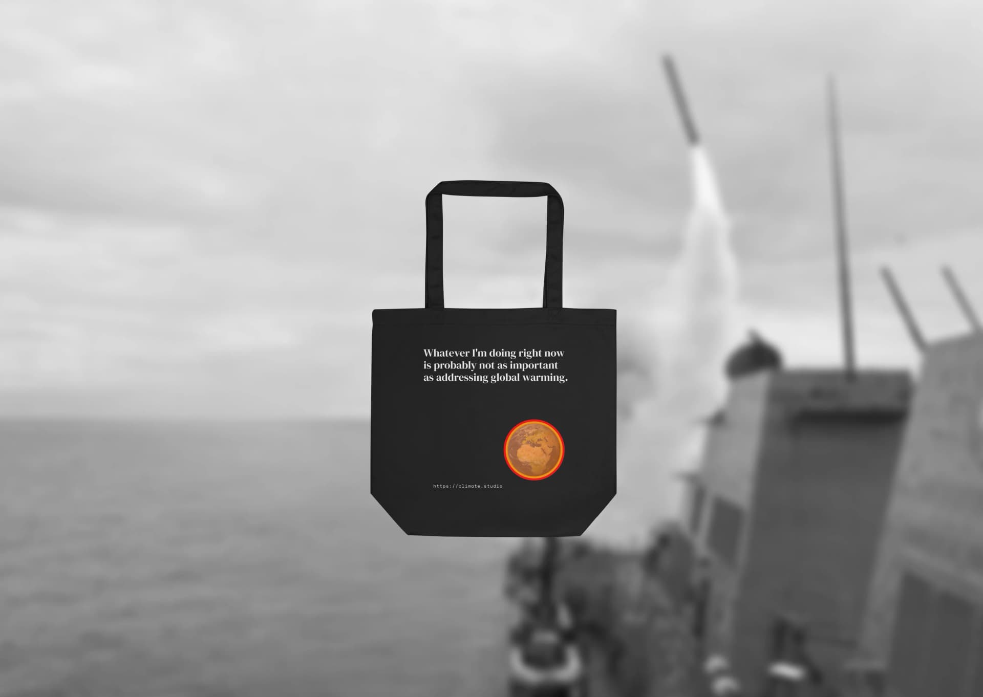 J. Paul Neeley Climate Studio — Context tote bag editorial image: War